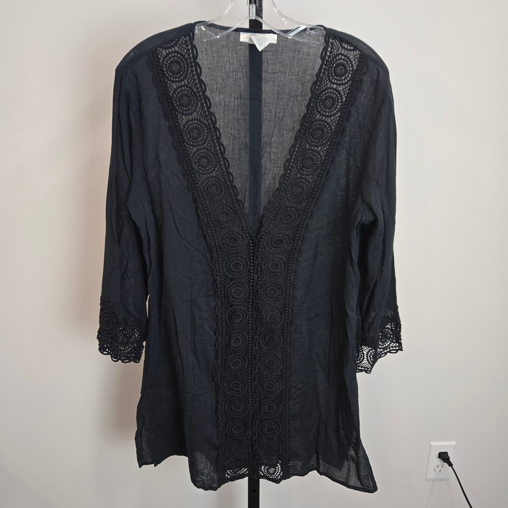 La Blanca Black Cotton Gauze Crochet Lace Trim Swim Cover Up Tunic Womens Small
